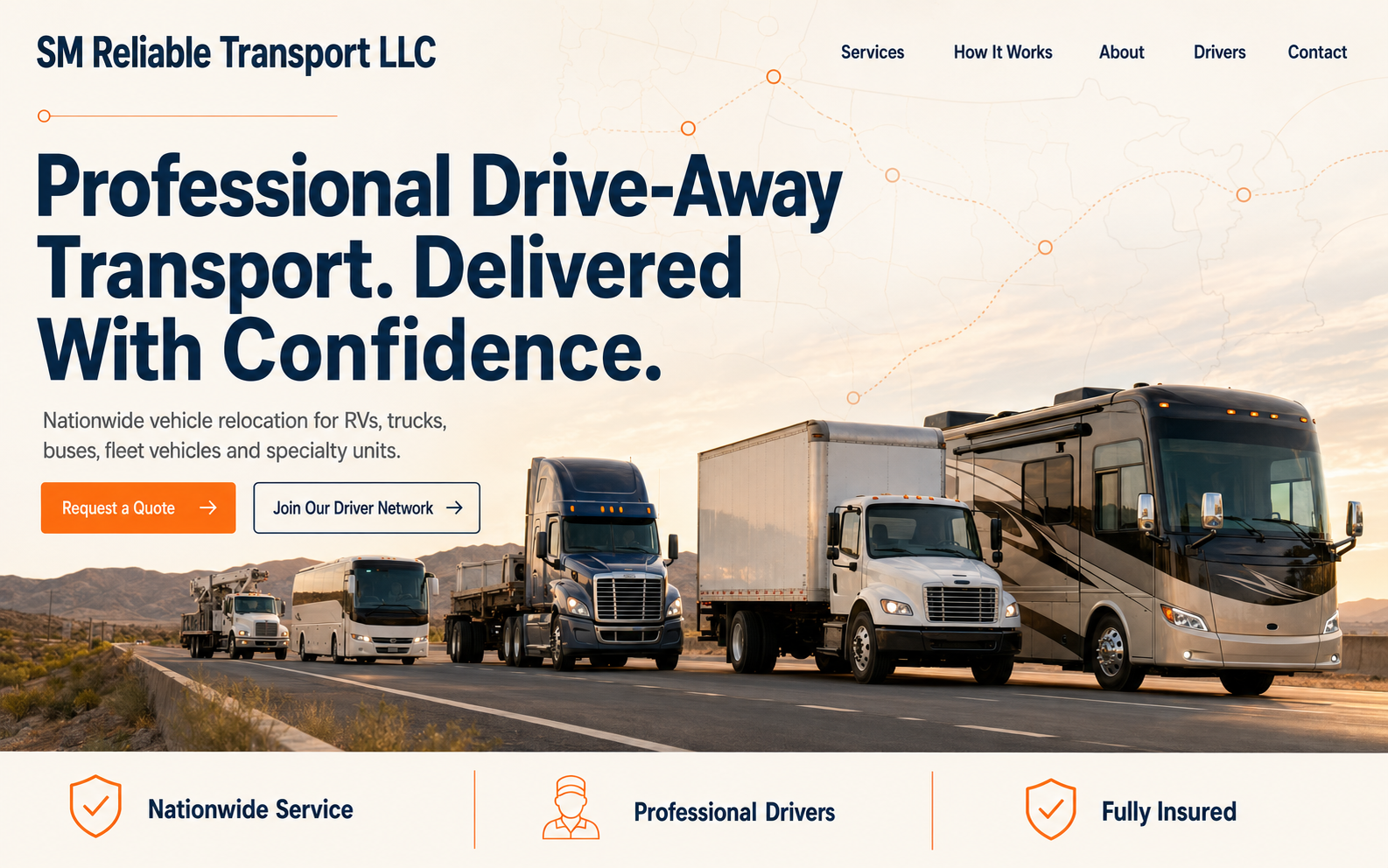SM Reliable Transport professional drive-away transport homepage